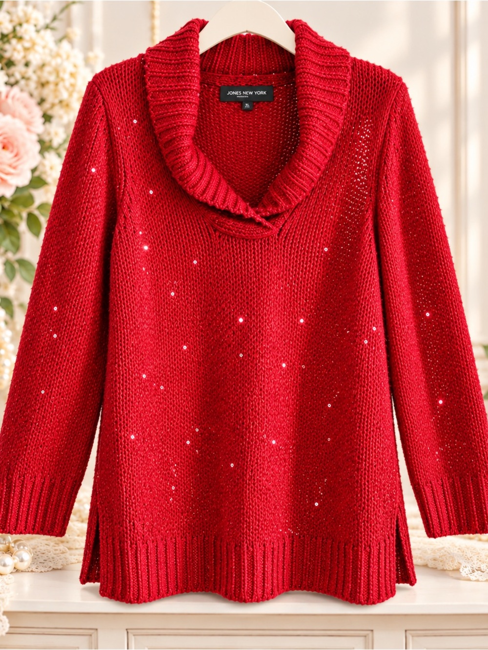 Jones New York Signature Raspberry Red Sequin Cowl Neck Sweater XL
